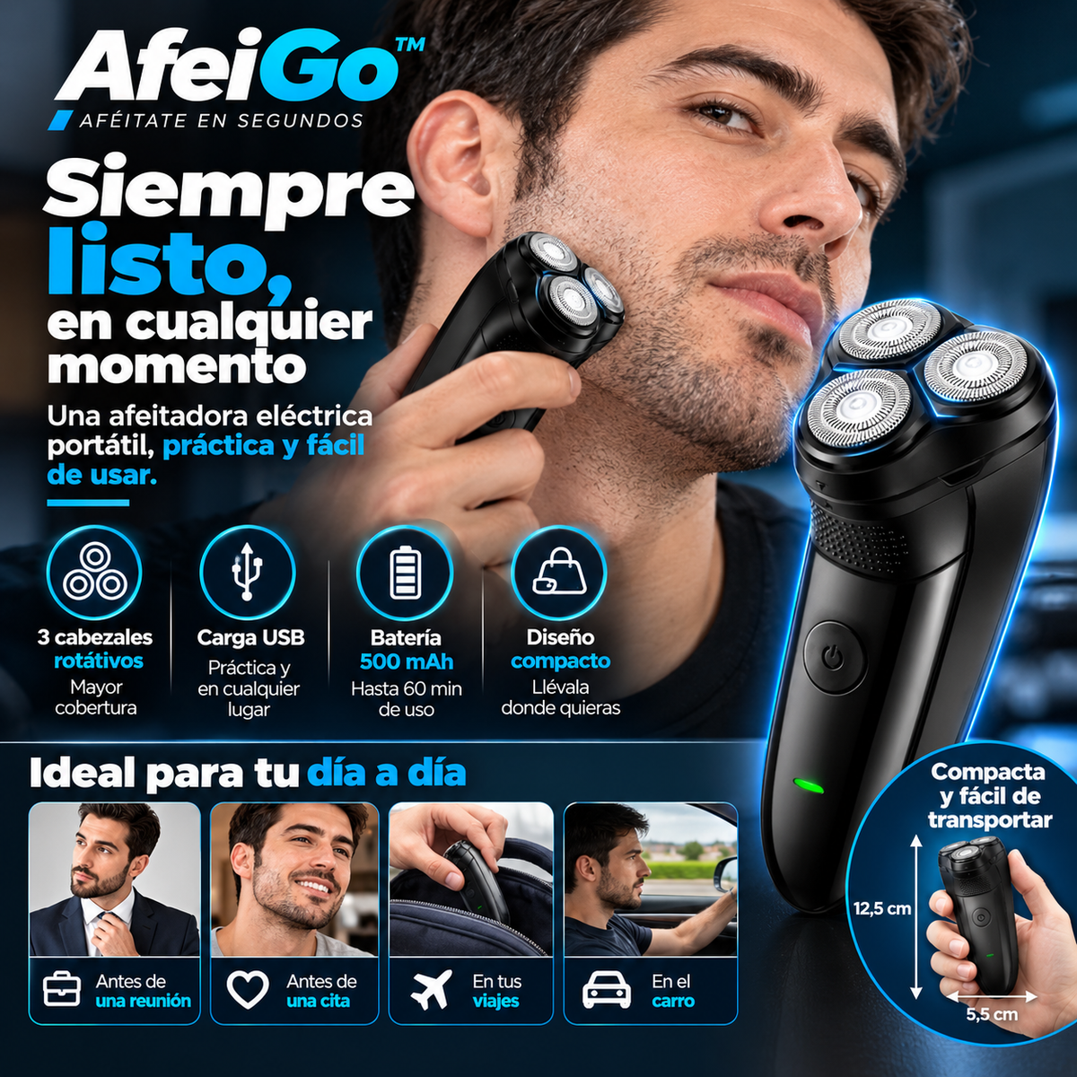 AfeiGo 2™, afeitadora eléctrica portátil para retoques de afeitado.
