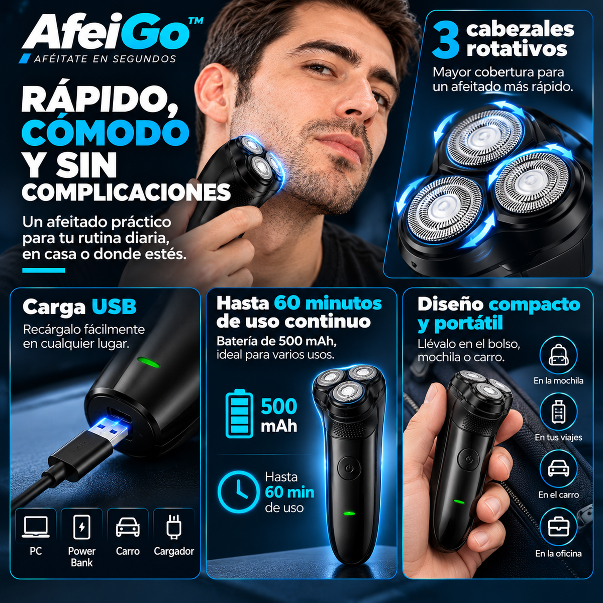 Vista complementaria de AfeiGo 2™, afeitadora eléctrica portátil.