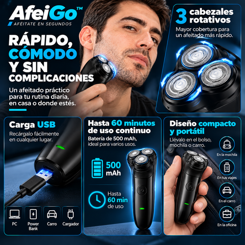 Vista complementaria de AfeiGo 2™, afeitadora eléctrica portátil.