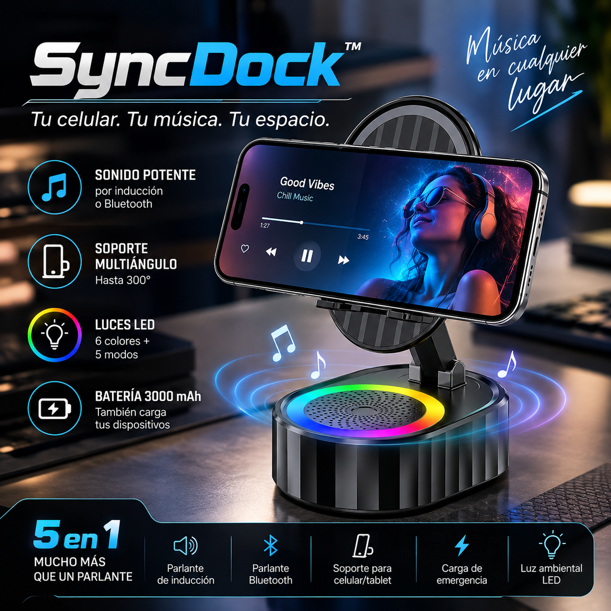 SyncDock™, accesorio tecnológico para el celular y el audio.