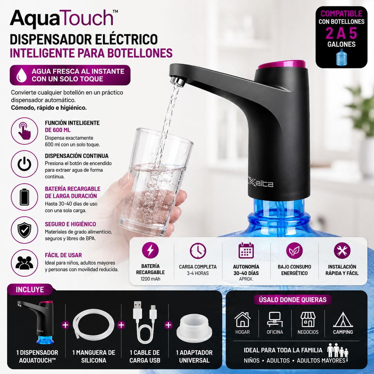 AquaTouch™, dispensador eléctrico recargable para botellones de agua.