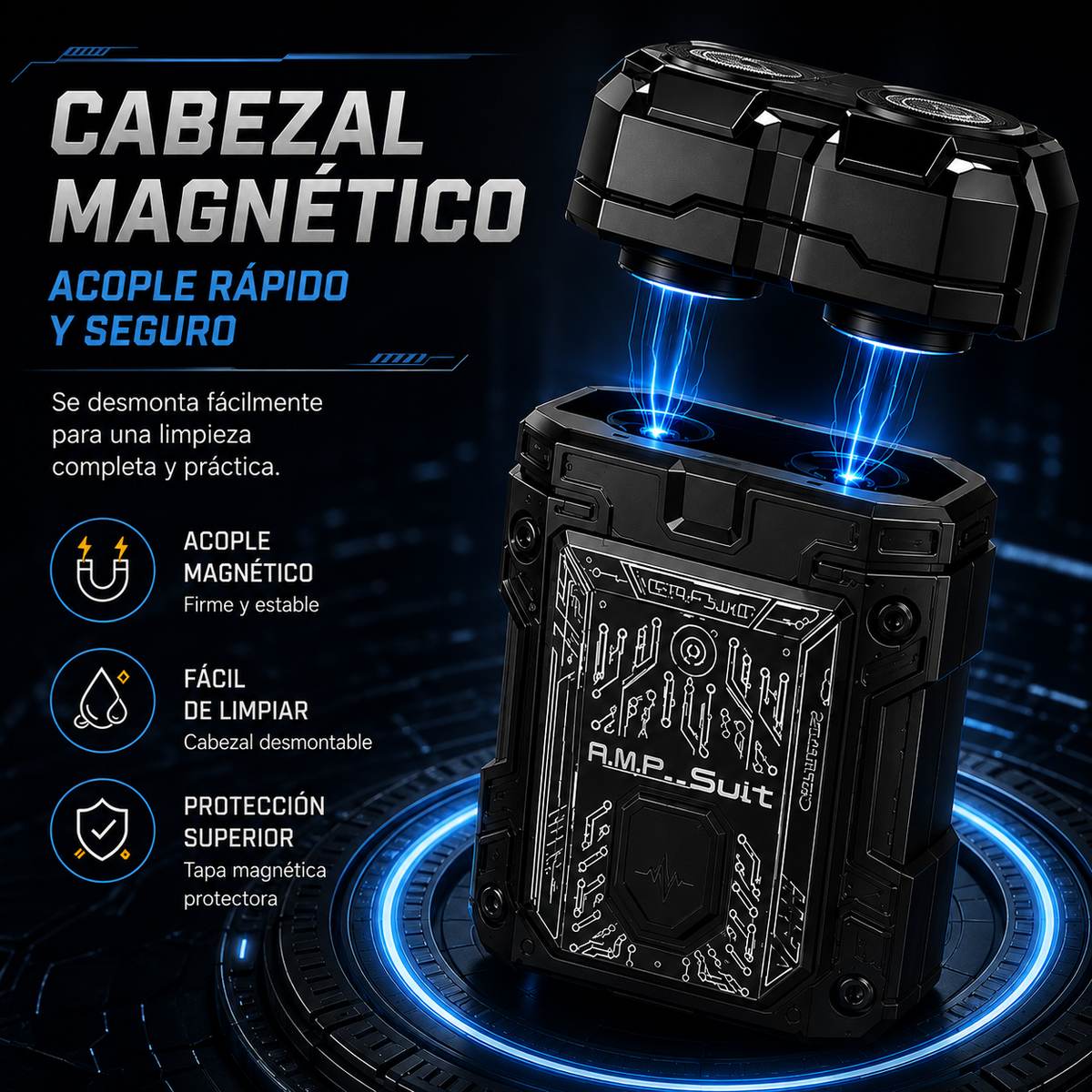 Vista complementaria: MechaBlade™, afeitadora eléctrica portátil de diseño futurista.