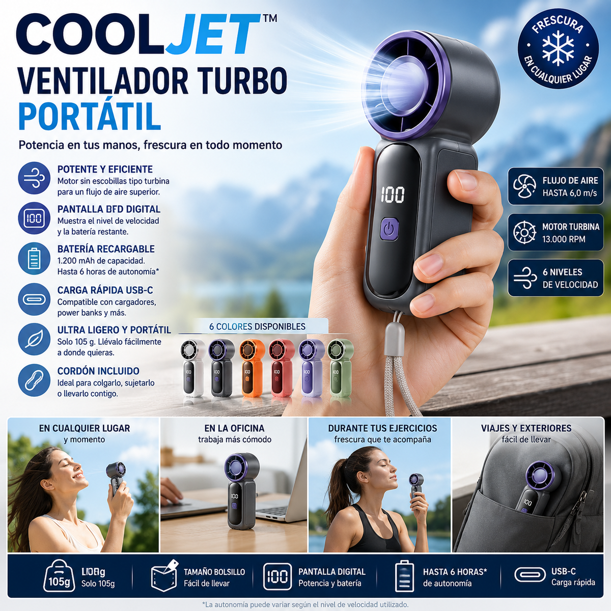CoolJet™, ventilador turbo portátil de mano.