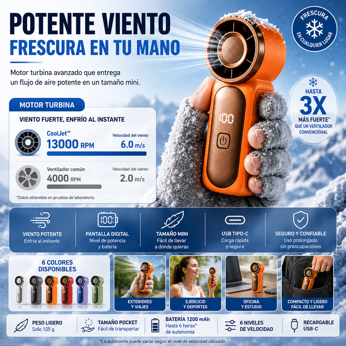Vista complementaria: CoolJet™, ventilador turbo portátil de mano.