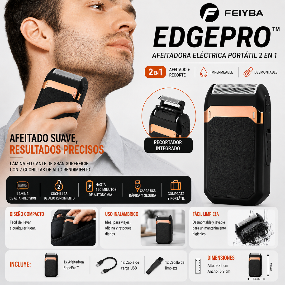 EdgePro™, afeitadora eléctrica portátil tipo foil 2 en 1.