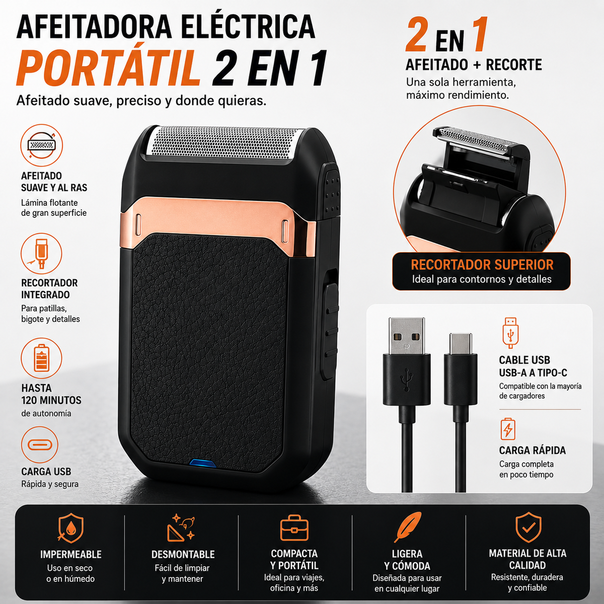 Vista complementaria: EdgePro™, afeitadora eléctrica portátil tipo foil 2 en 1.