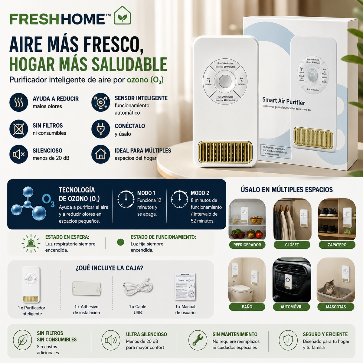 Vista complementaria: FreshHome™, dispositivo de ozono para el control de olores.