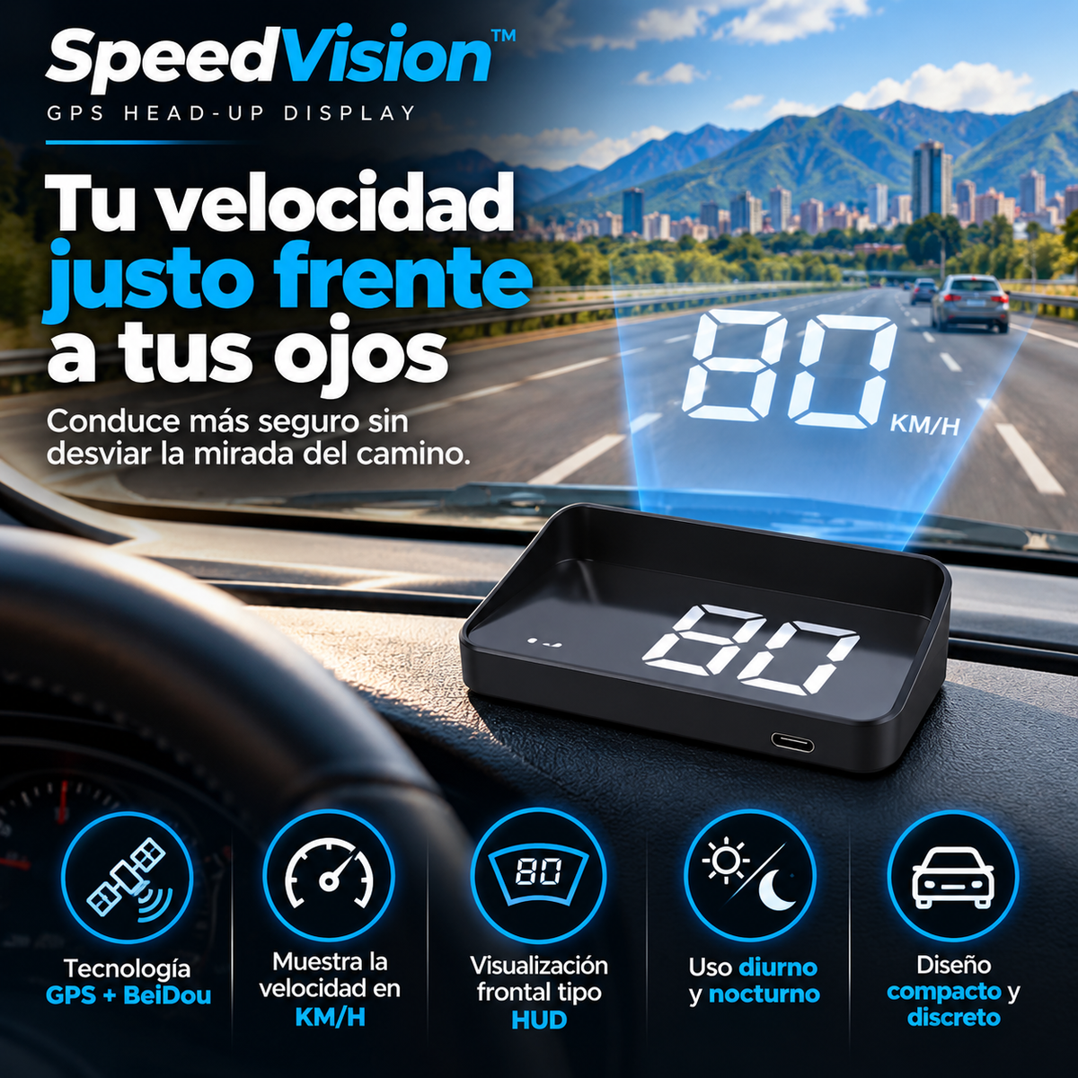 SpeedVision™, accesorio de visualización frontal de información para conducir.