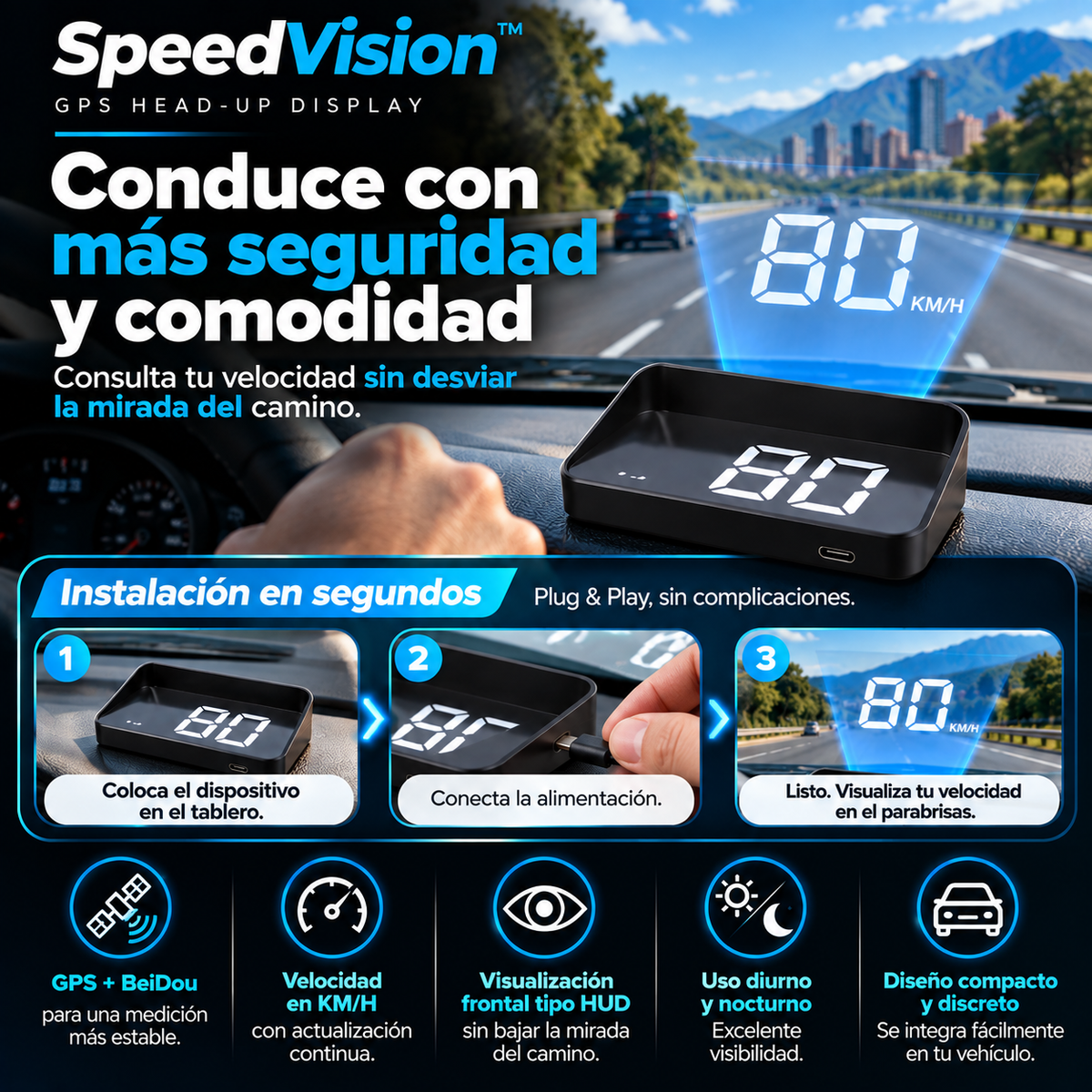 Vista complementaria: SpeedVision™, accesorio de visualización frontal de información para conducir.