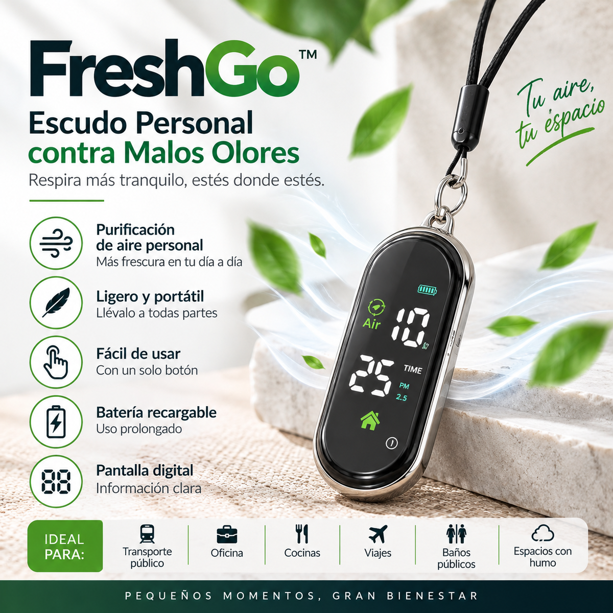 Vista complementaria: FreshGo™, accesorio portátil para el manejo de olores.