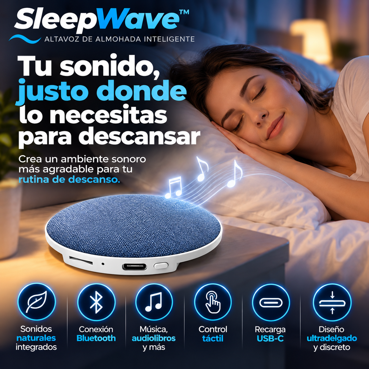 SleepWave™, altavoz diseñado para escuchar audio desde la almohada.