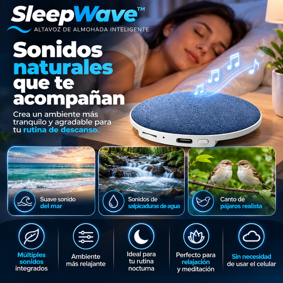 Vista complementaria: SleepWave™, altavoz diseñado para escuchar audio desde la almohada.